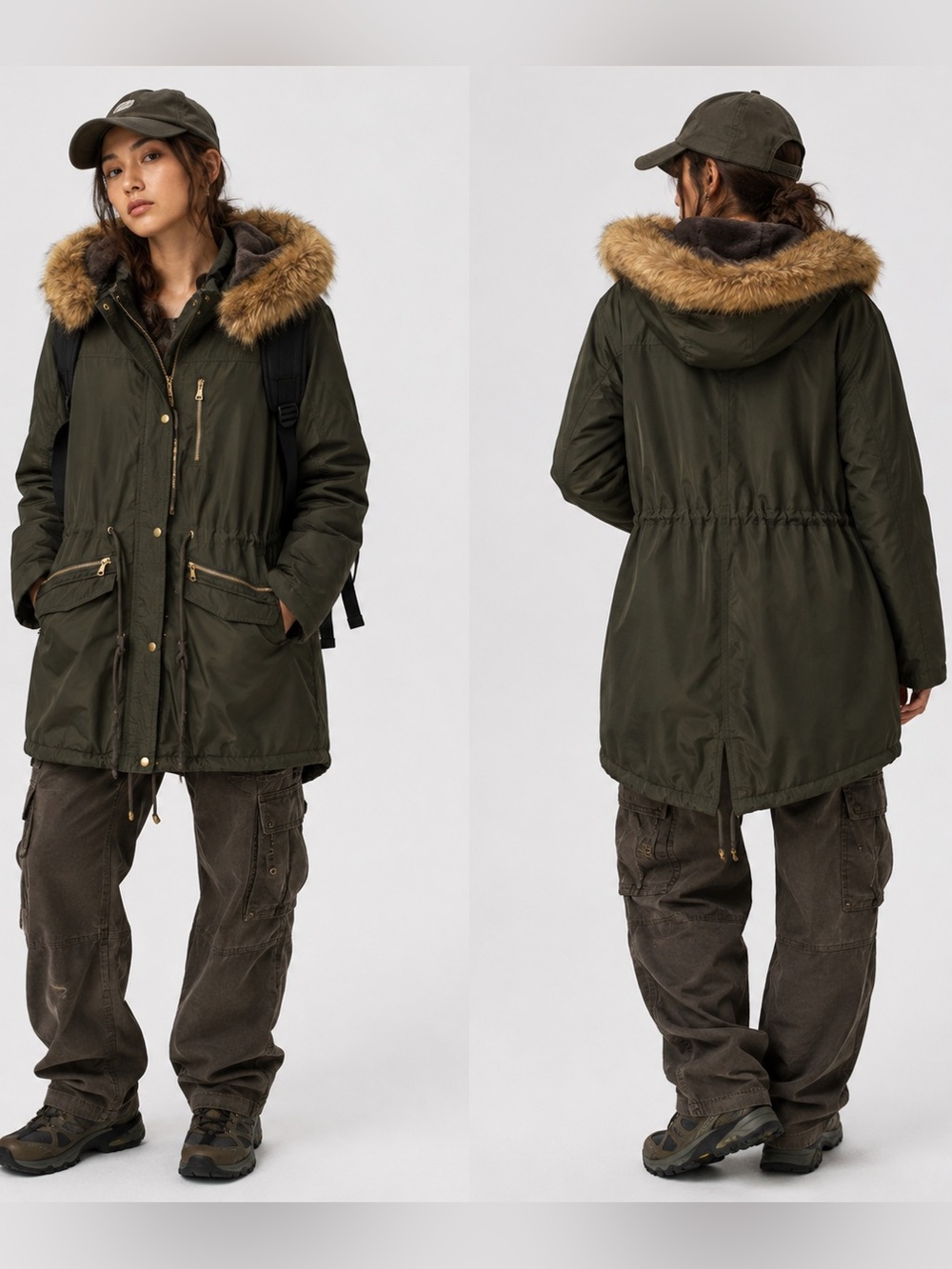 Y2K Women's Green Utilitarian Gorpcore Casual Military Faux Fur Coat Large